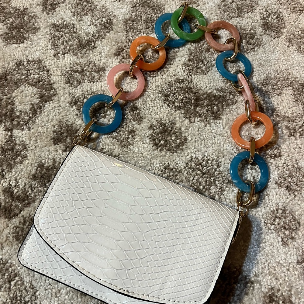 White Snake Skin Shoulder Bag with Multicolor Chain